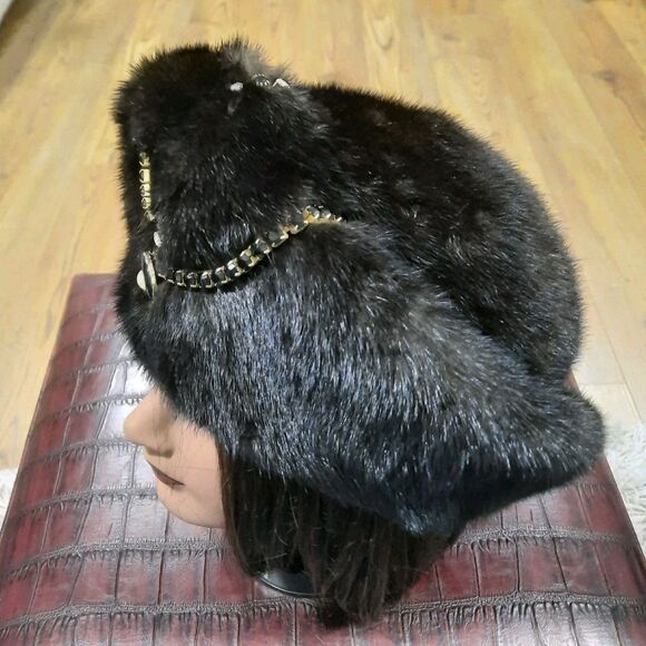 RARE Vintage 1960s Women Brown Mink Fur Pillbox Beret Jeweled Hat Luxury Winter main image 2